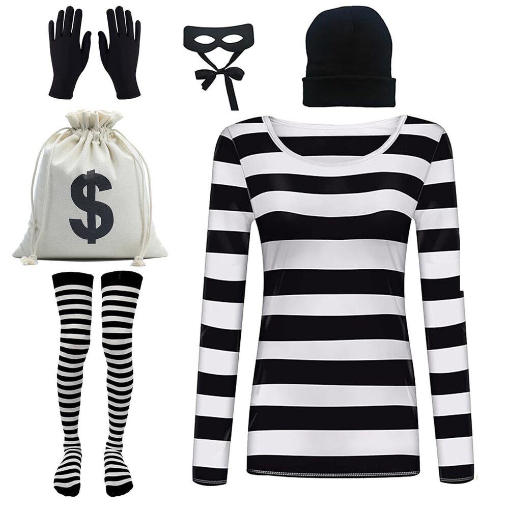 1482 Adult Halloweent Robber Costume Set Black And White
